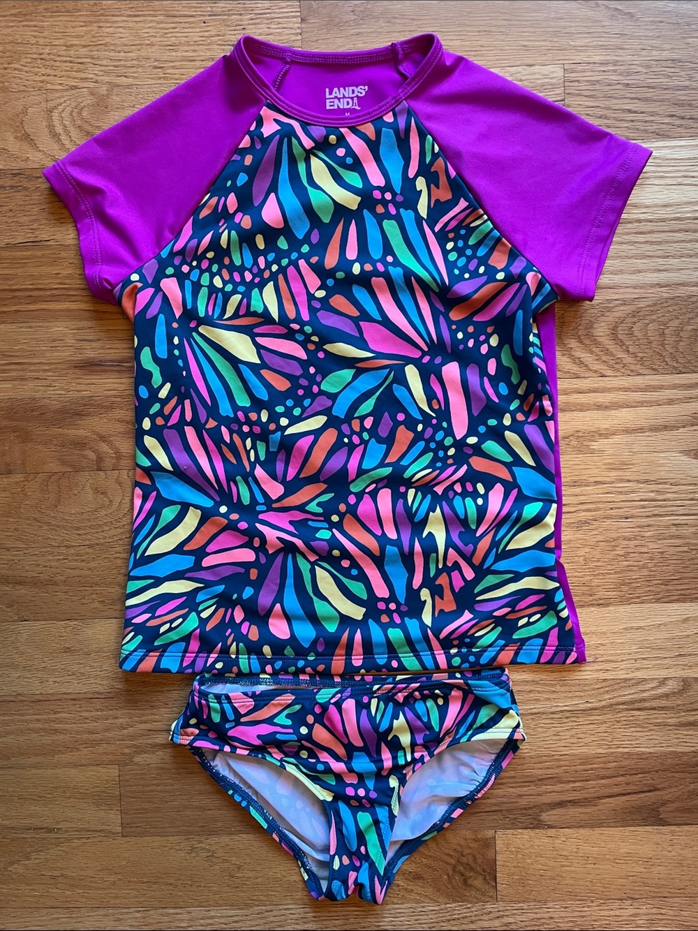 Lands' End Purple colorful mosaic butterfly Rash Guard & bikini bottom